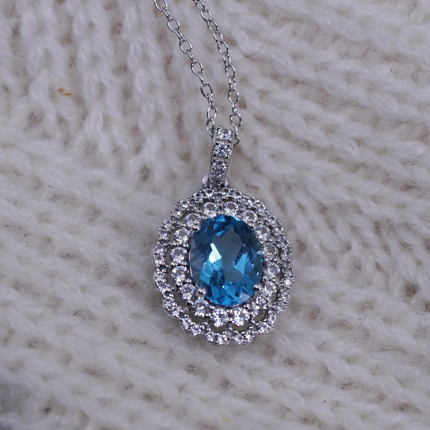 18”, Sterling silver handmade necklace, 925 circle chain w/ blue topaz pendant