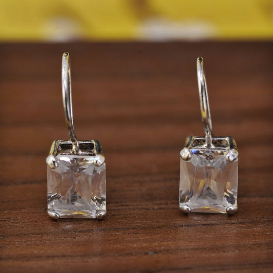 Vintage Sterling 925 silver handmade earrings with rectangular cut CZ