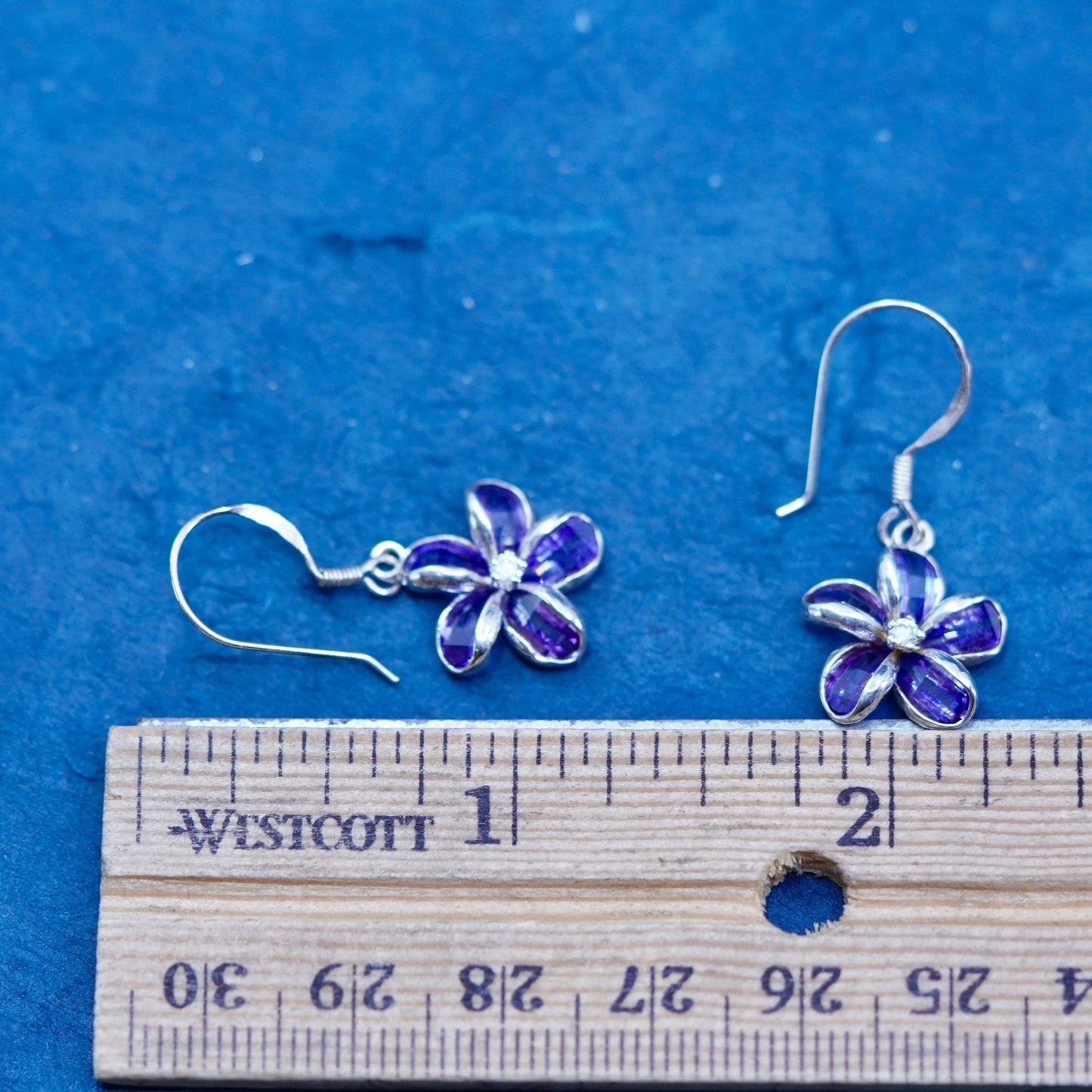 Vintage sterling 925 silver handmade plumeria flower earrings with amethyst