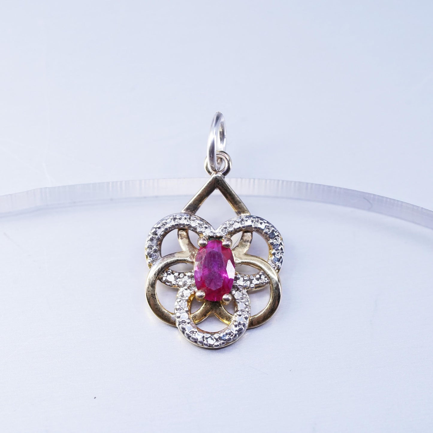 Vintage vermeil gold over sterling 925 silver pendant with ruby and diamonds