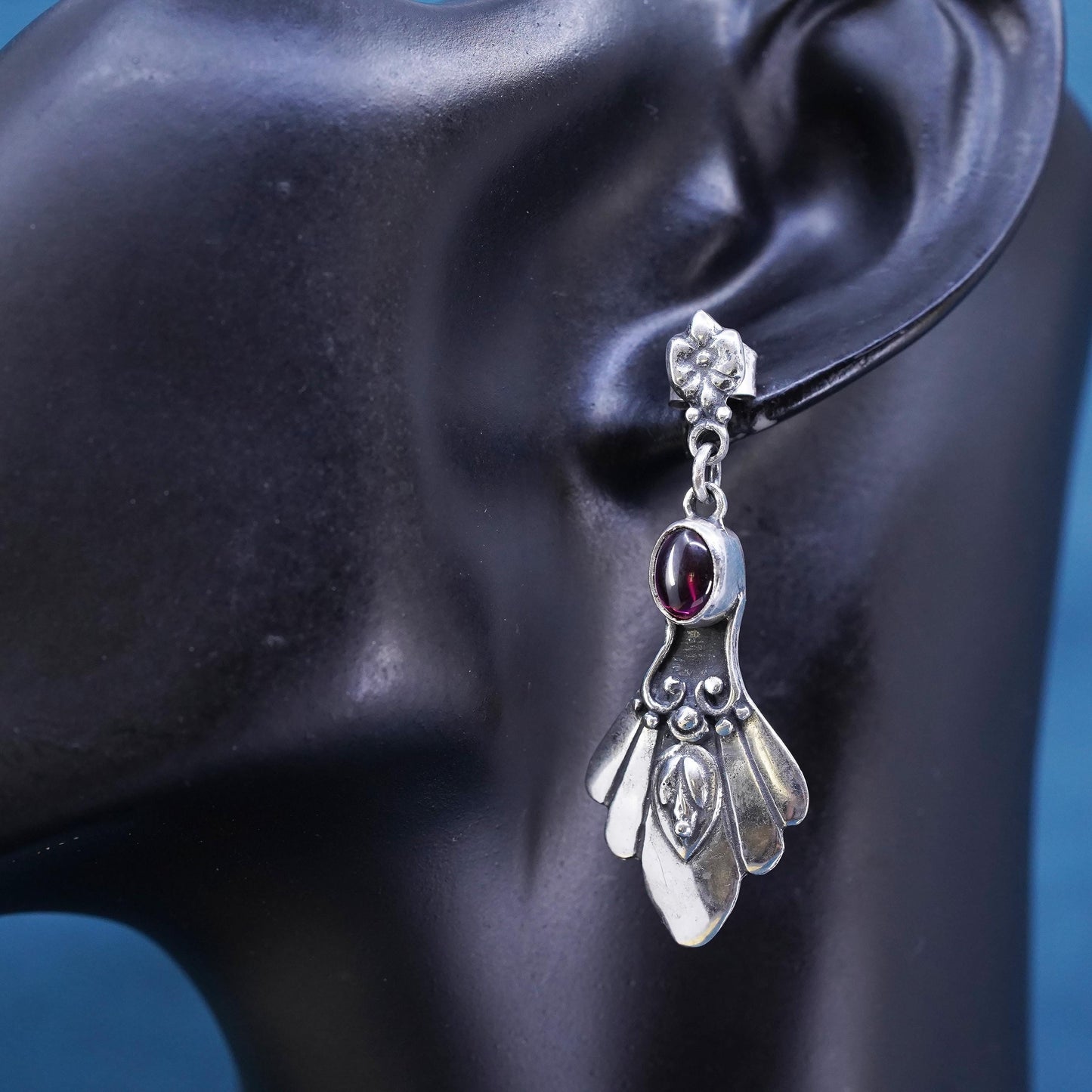 Vintage sterling silver handmade earrings, 925 feather with garnet and beads