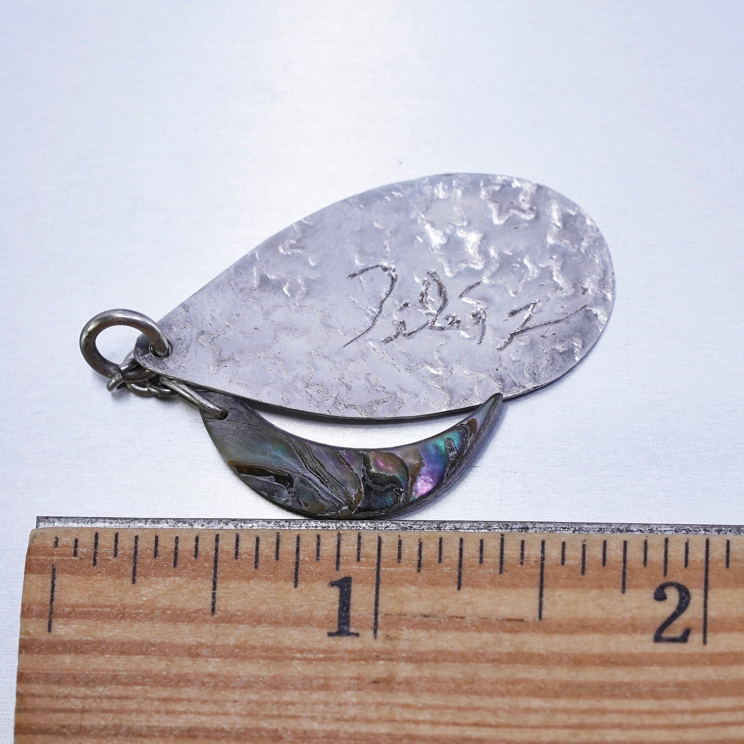 vintage Sterling silver 925 teardrop charm pendant embossed stars abalone moon