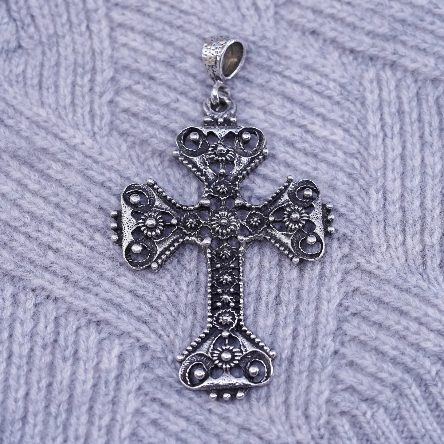 Mexican Sterling silver handmade pendant, huge 925 bead textured cross charm