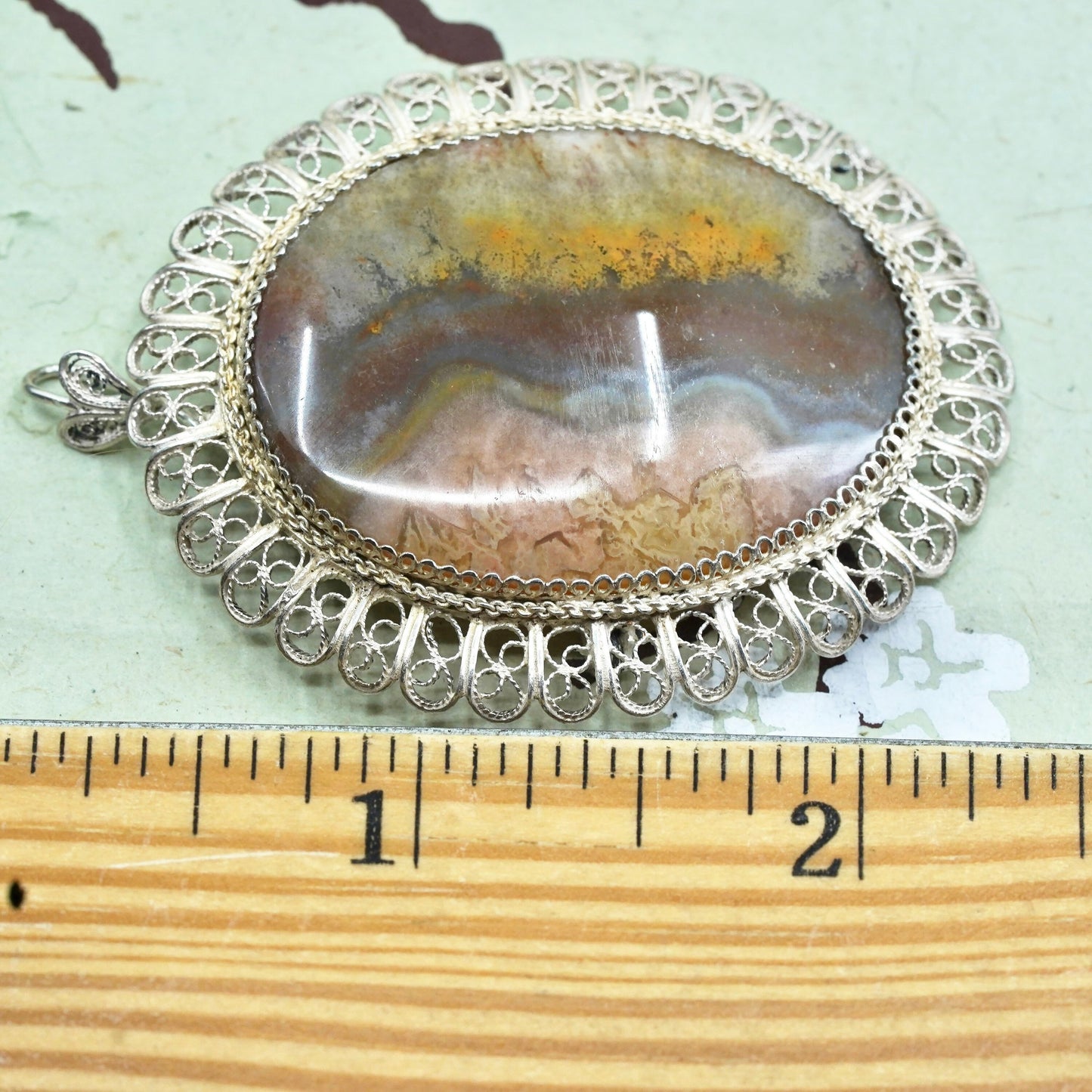 Sterling silver handmade brooch, 900 filigree pendant, oval landscape agate