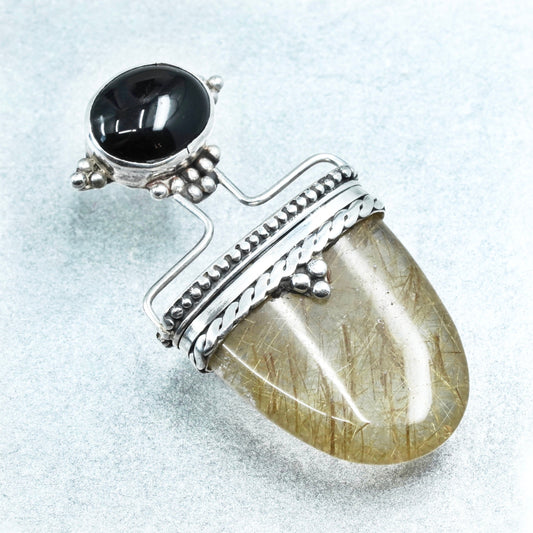 Vintage sterling 925 silver handmade pendant with rutilated quartz and onyx