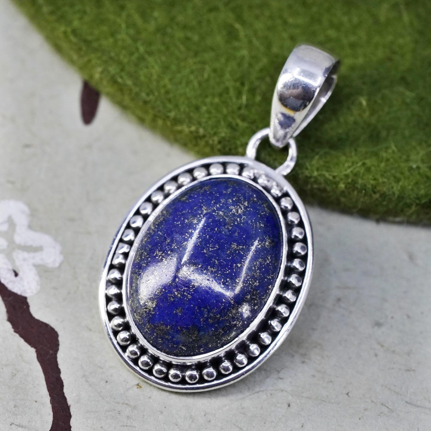 Vintage Sterling silver 925 handmade pendant, with oval lapis lazuli and beads