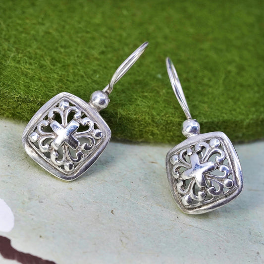 Vintage Sterling 925 silver handmade square filigree earrings with cross