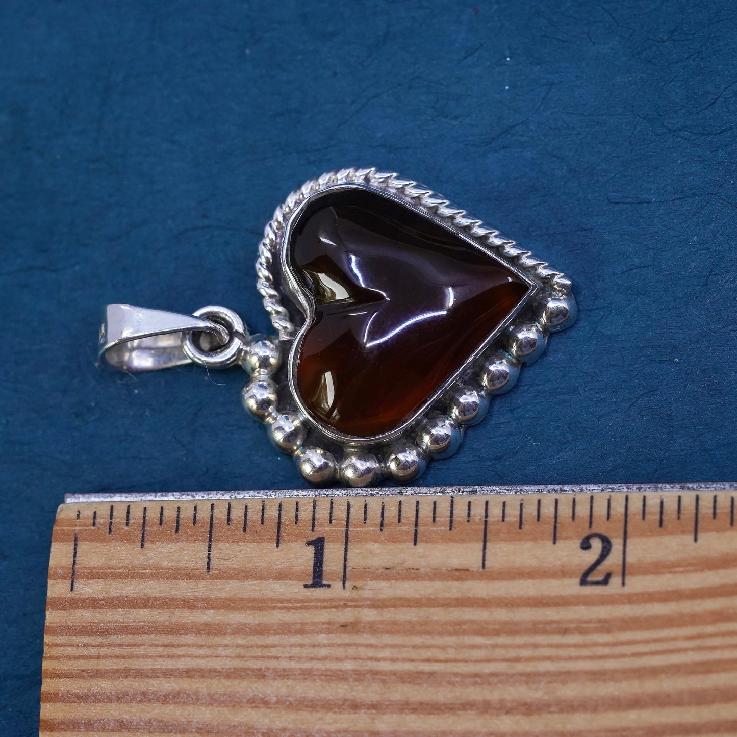 Vintage Mexican Sterling 925 silver handmade pendant with amber heart and beads