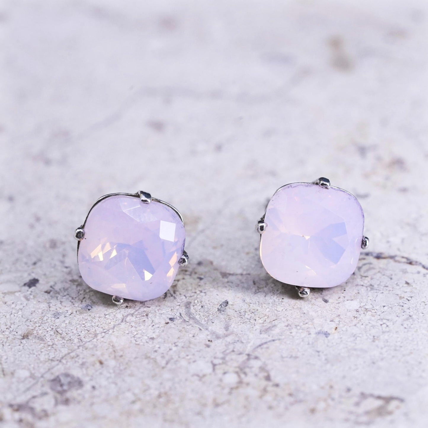 Vintage sterling silver handmade earrings, 925 round studs with opal