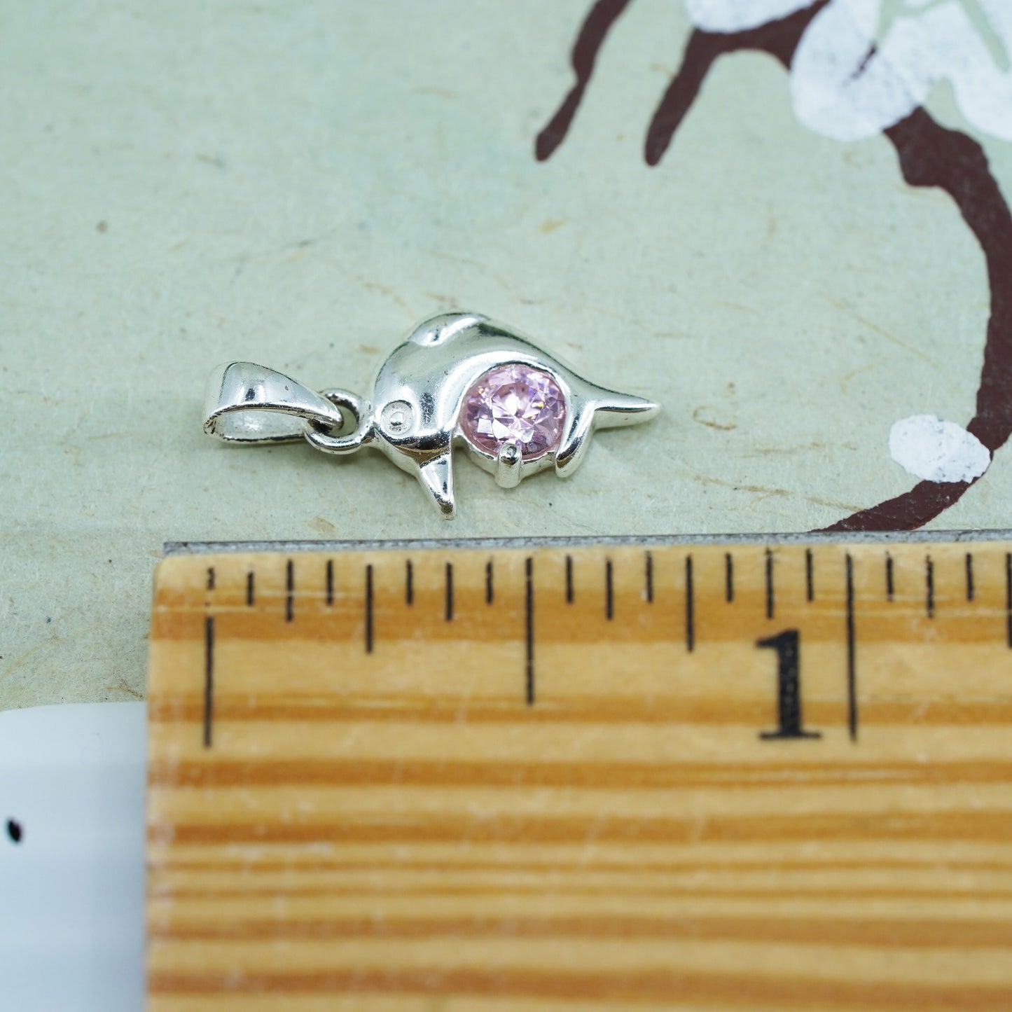 Vintage sterling silver dolphin pendant with pink crystal, 925 charm