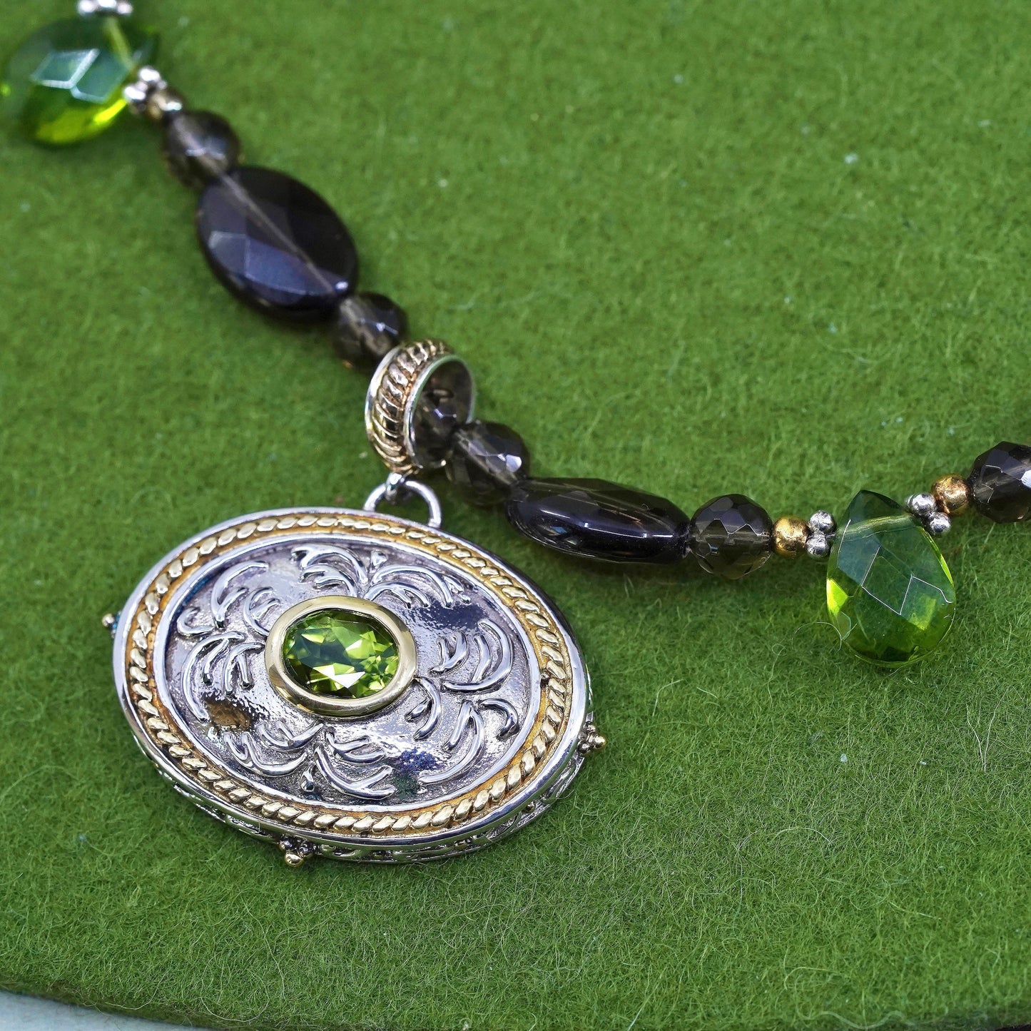 18”, two tone smoky quartz and peridot bead necklace with oval peridot pendant