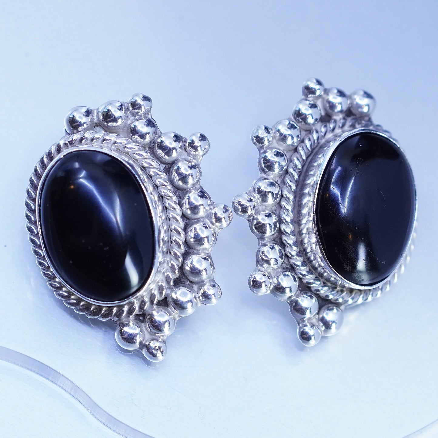 Vintage Sterling 925 silver handmade earrings, clip on with black onyx beads