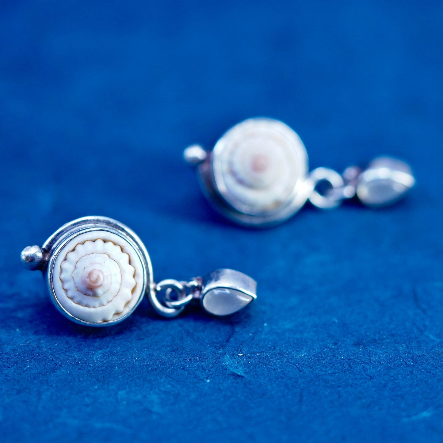 Sajen Sterling Silver 925 Shiva eye earrings, fossil shell teardrop moonstone