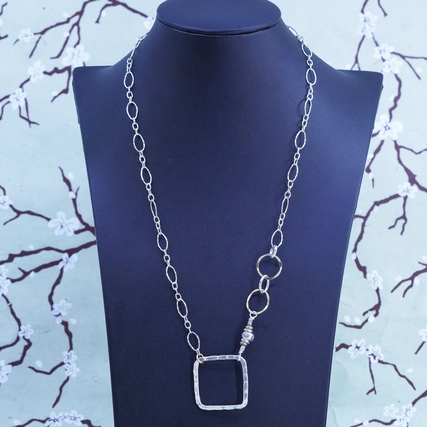 20”, Two Tone sterling silver necklace, 925 figaro chain with square Pendant