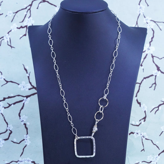 20”, Two Tone sterling silver necklace, 925 figaro chain with square Pendant