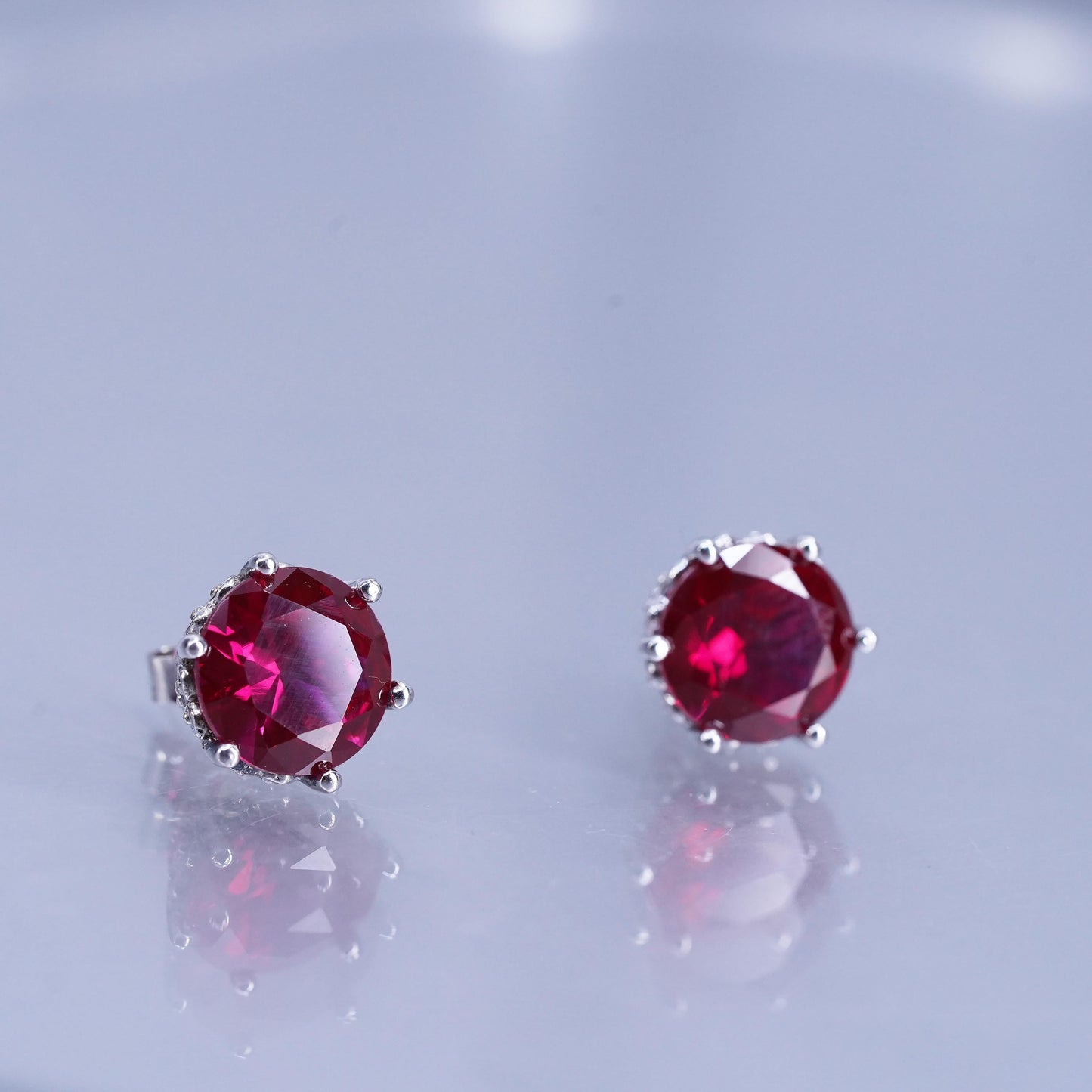 Vintage Sterling 925 silver handmade earrings, studs with ruby cz on the side