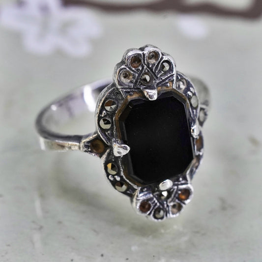 Size 6, Vintage sterling 925 silver handmade ring with obsidian and Marcasite