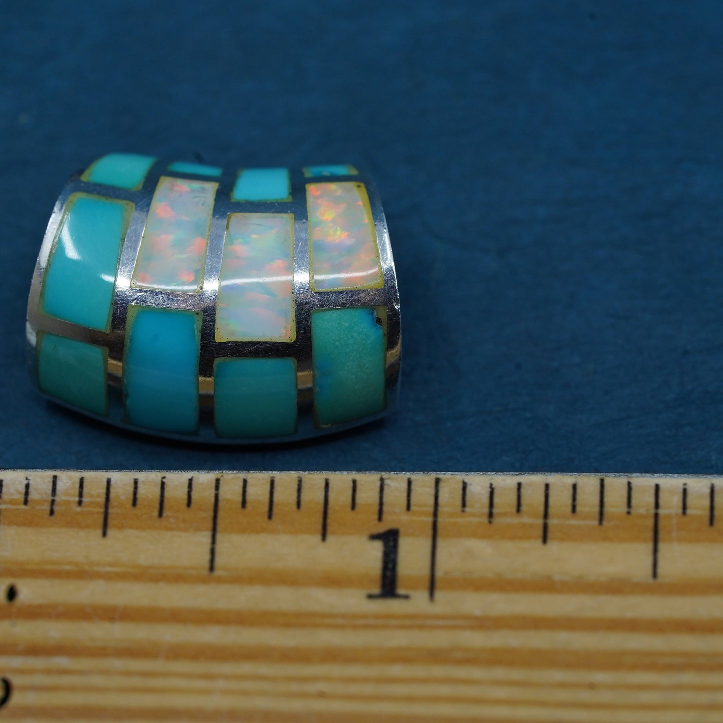 Vintage Sterling 925 silver handmade pendant with opal and turquoise inlay