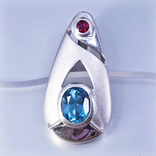 Vintage sterling 925 silver teardrop pendant with blue topaz and ruby