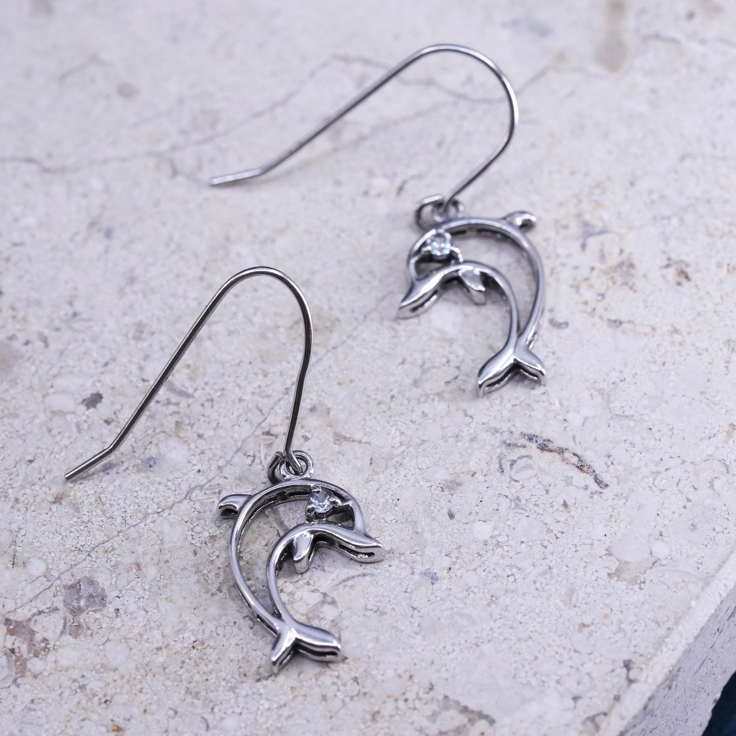 Vintage sterling silver dolphin earrings, 925 silver dolphin with cz