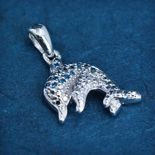 Sterling 925 silver handmade pendant, mother baby dolphin with sapphire diamond