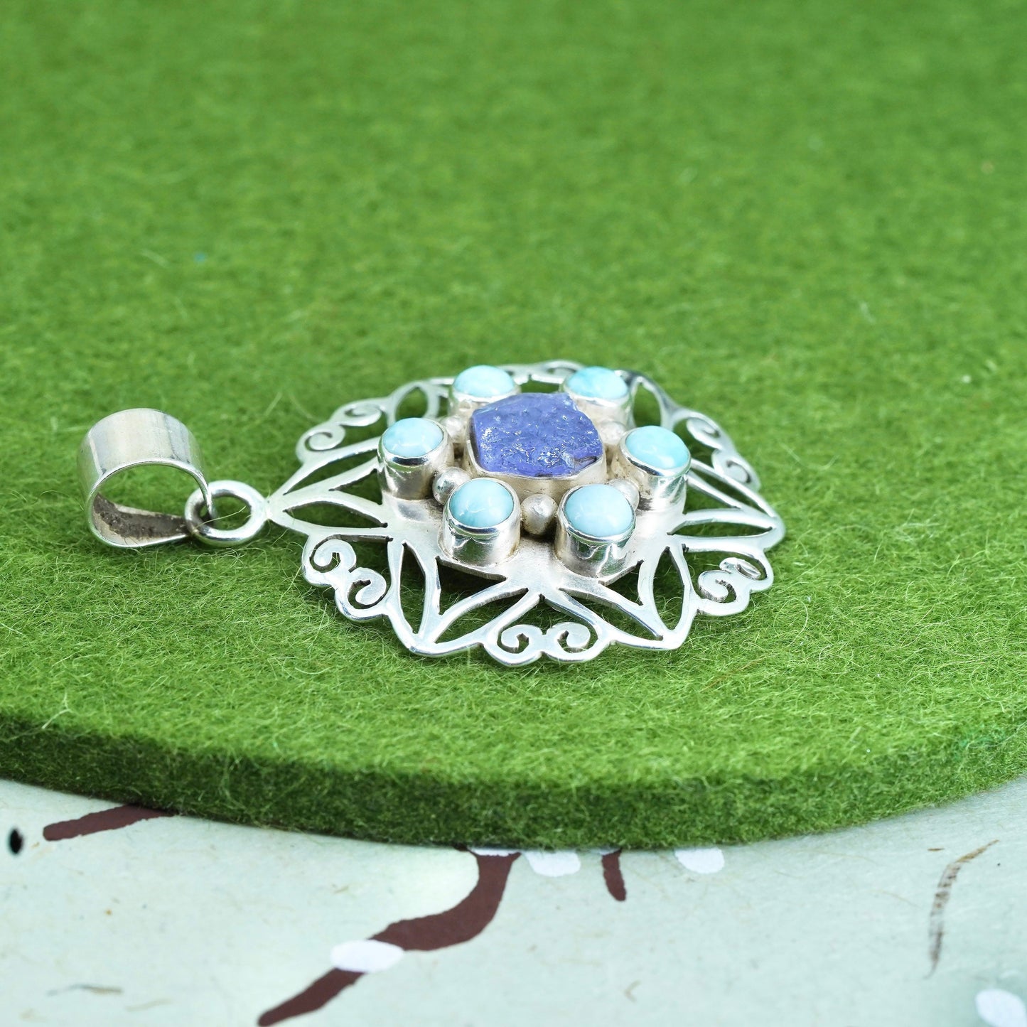 sterling silver handmade snowflake pendant, with blue druzy stone and Larimar