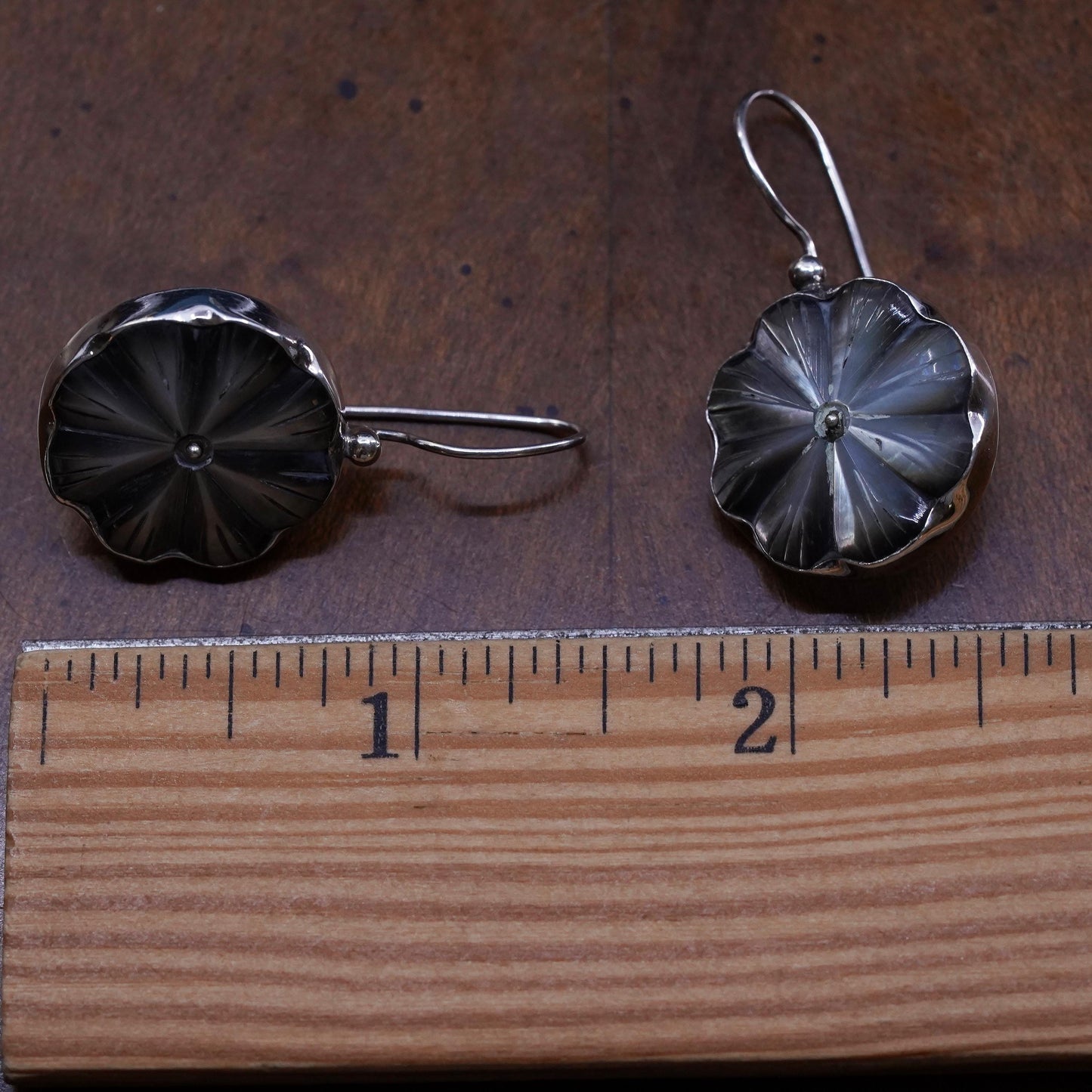 vintage Sterling 925 silver handmade earrings with carved abalone flower