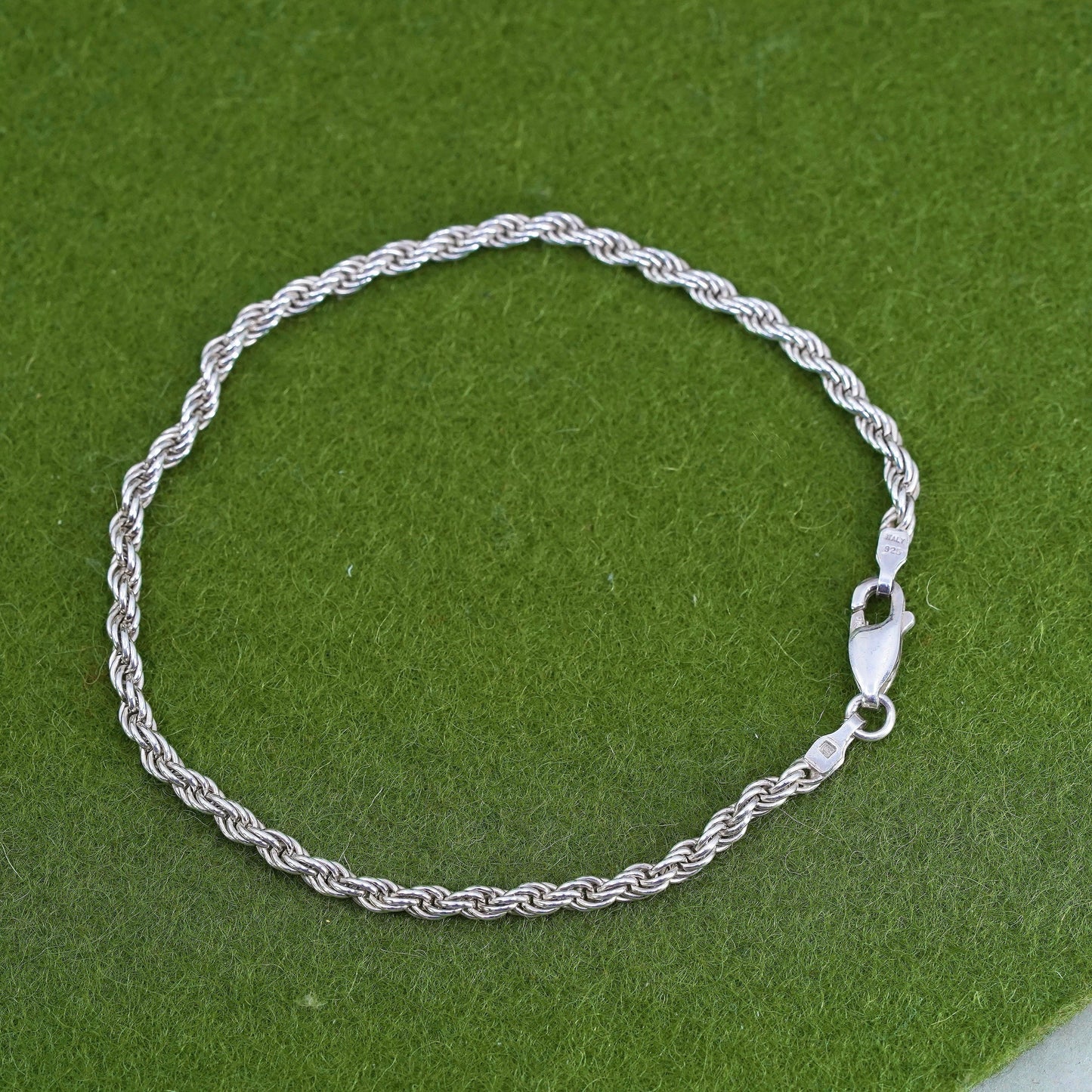 7.75”, 3mm, vintage Sterling silver rope chain, Italy 925 men’s bracelet