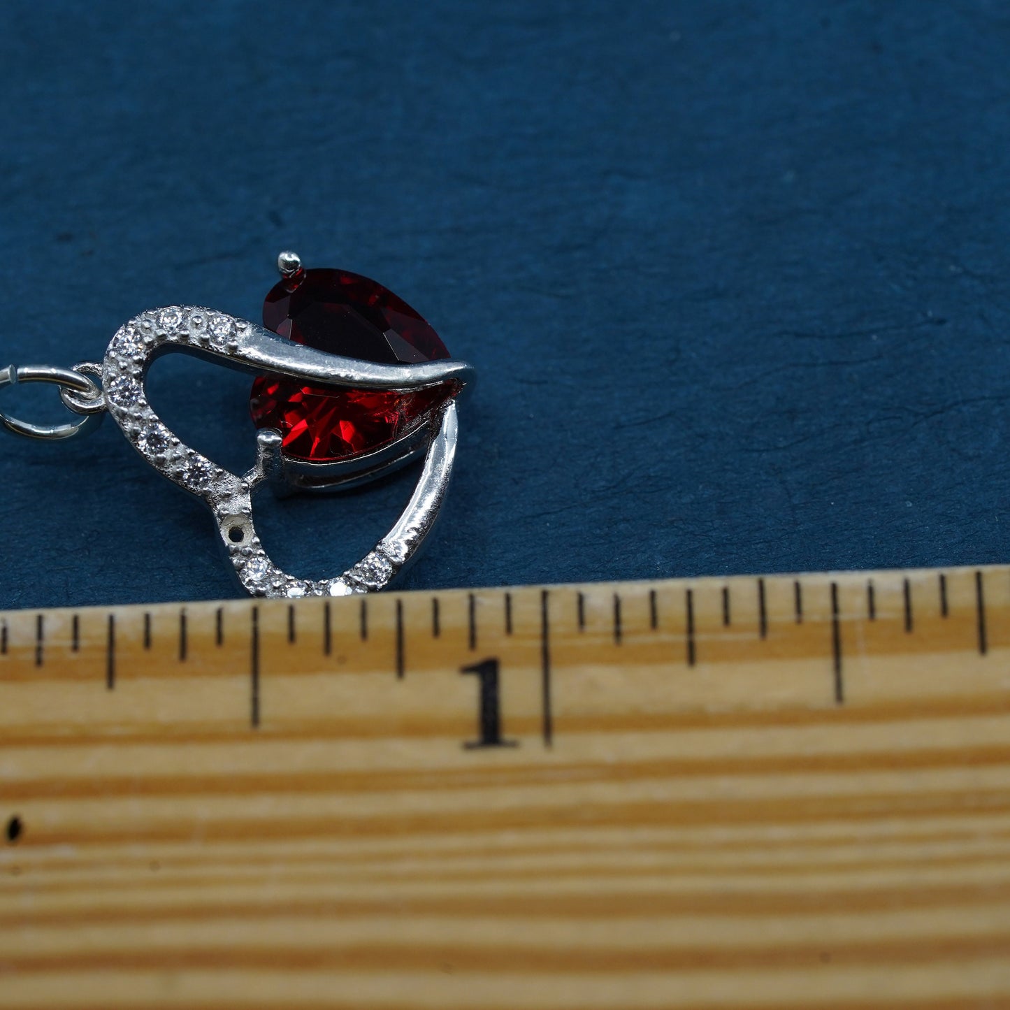 Vintage sterling silver handmade pendant, 925 charm with ruby heart