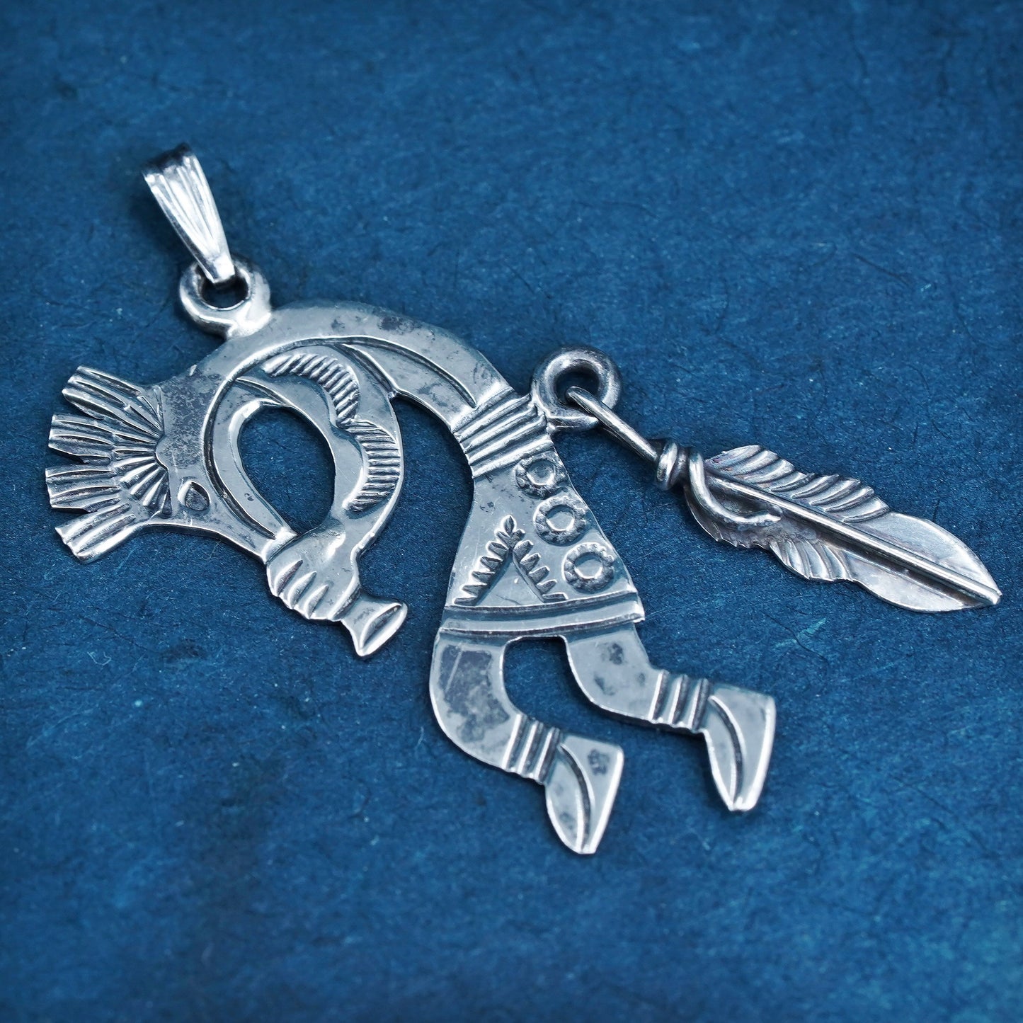 Native American Sterling silver handmade pendant, 925 Kokopelli with feather