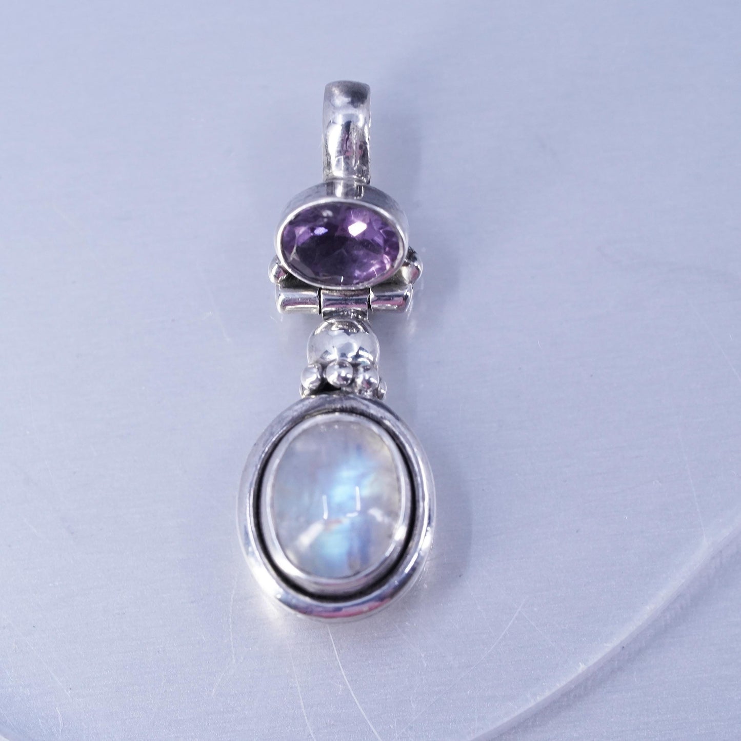 Vintage sterling 925 silver handmade charm pendant with amethyst and moonstone