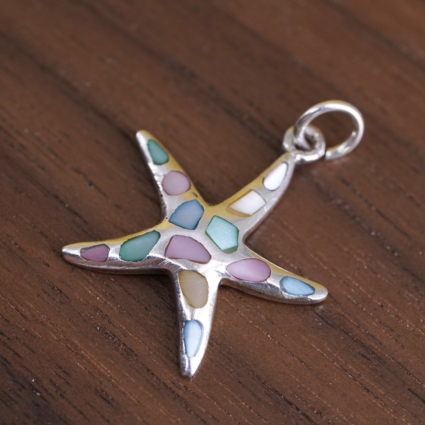 Vintage Sterling 925 silver star starfish pendant w/ pink blue mother of pearl