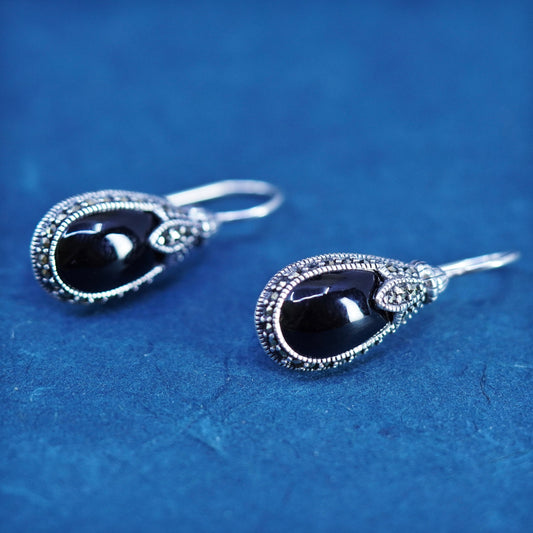 vtg sterling 925 silver handmade teardrop earrings with obsidian and marcasite