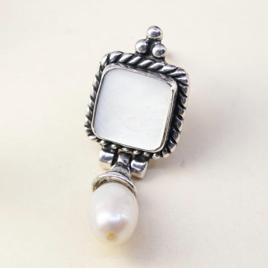 VTG sterling 925 silver single earring with mother of pearl square and pearl