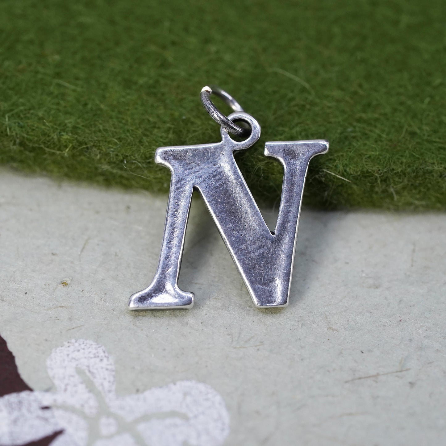 Vintage sterling silver handmade pendant, 925 charm engraved letter “N"