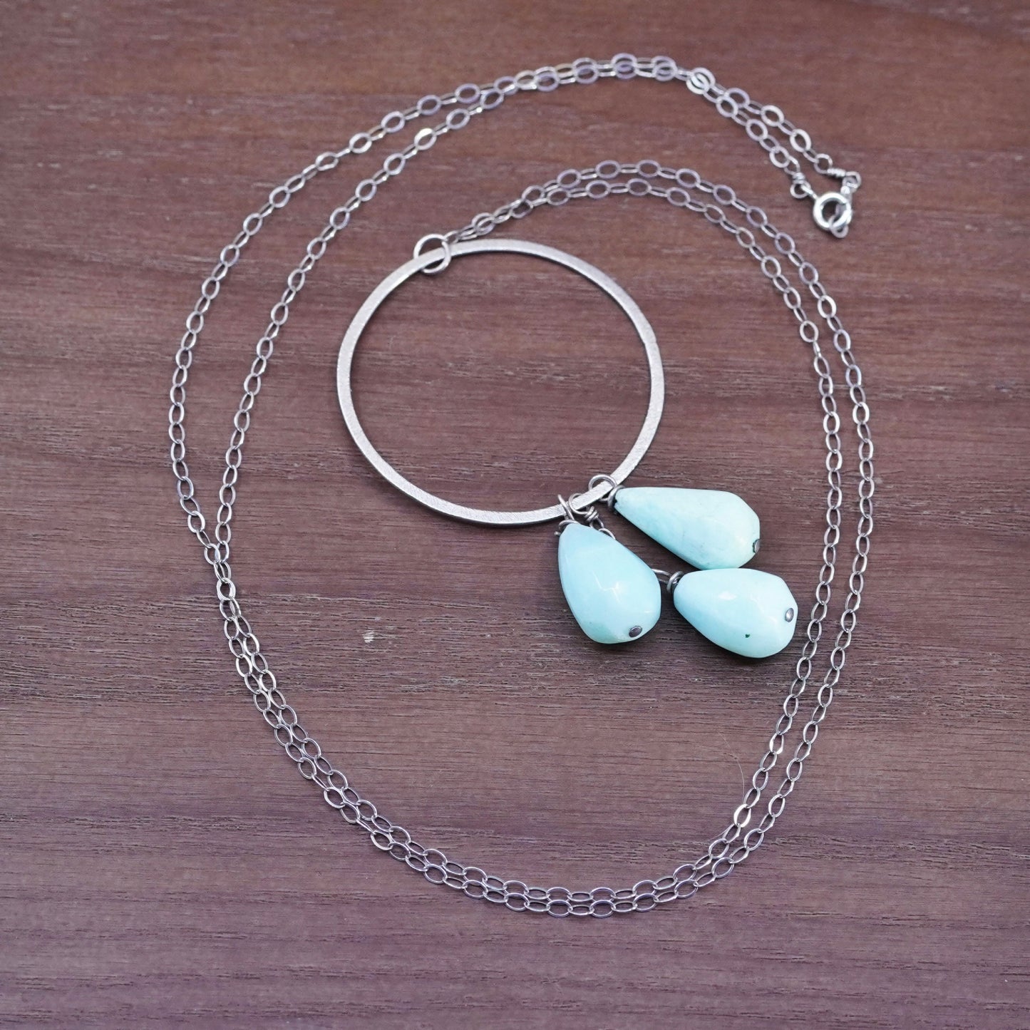 30”, sterling silver necklace 925 flatten circle chain teardrop larimar pendant