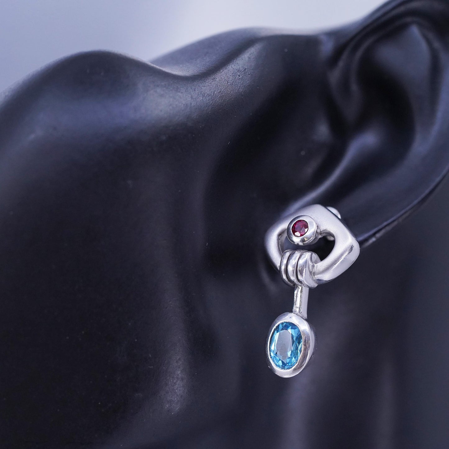 Vintage Sterling 925 silver handmade earrings with blue topaz and ruby