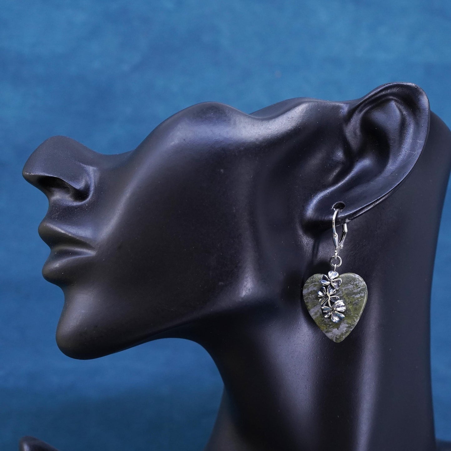 Irish Sterling 925 silver clover earrings heart connemara marble lever back