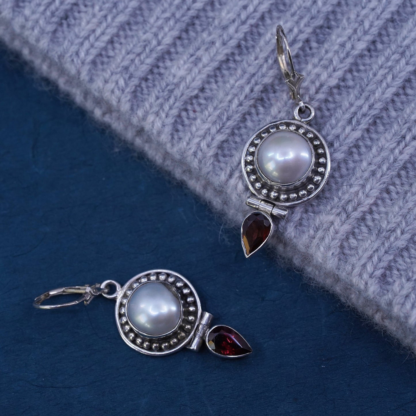 Vintage sterling 925 silver handmade earrings with pearl and teardrop ruby