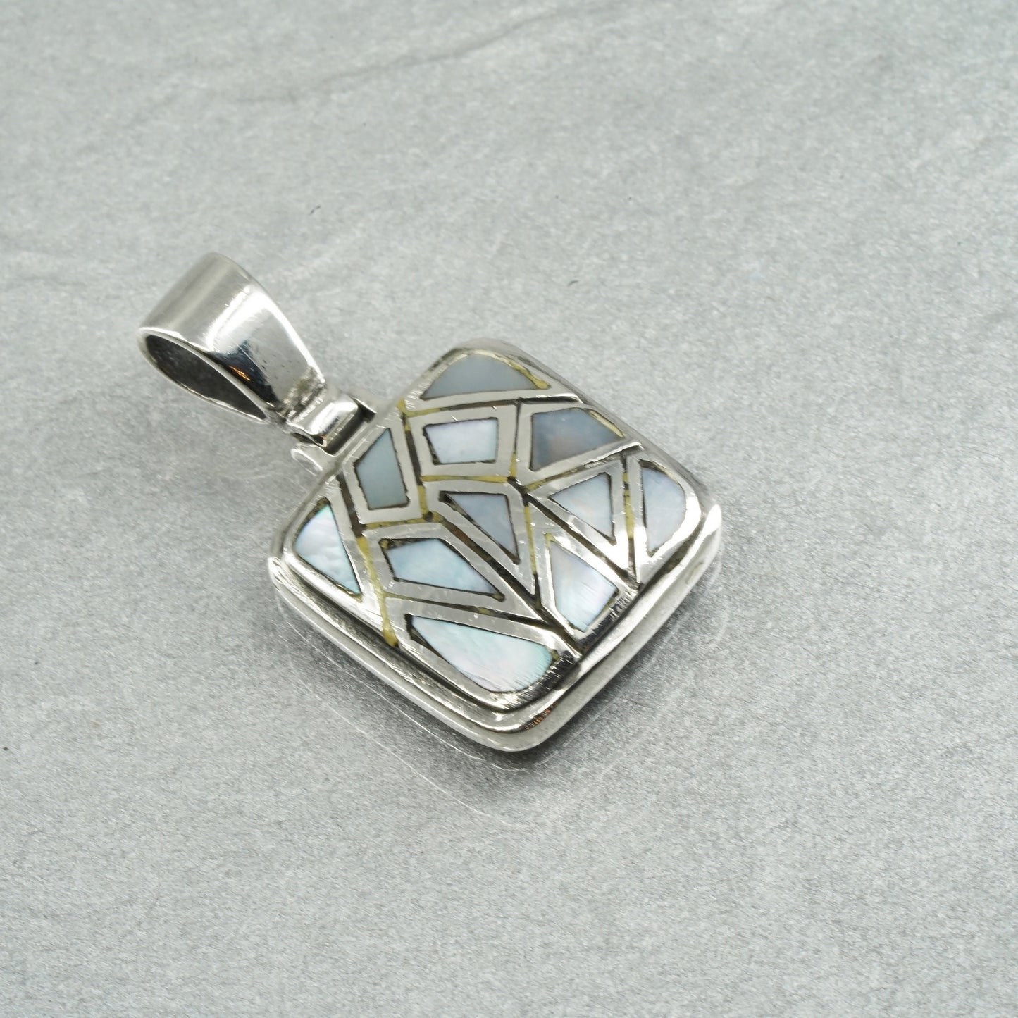 sterling 925 silver handmade square pendant with blue mother of pearl inlay