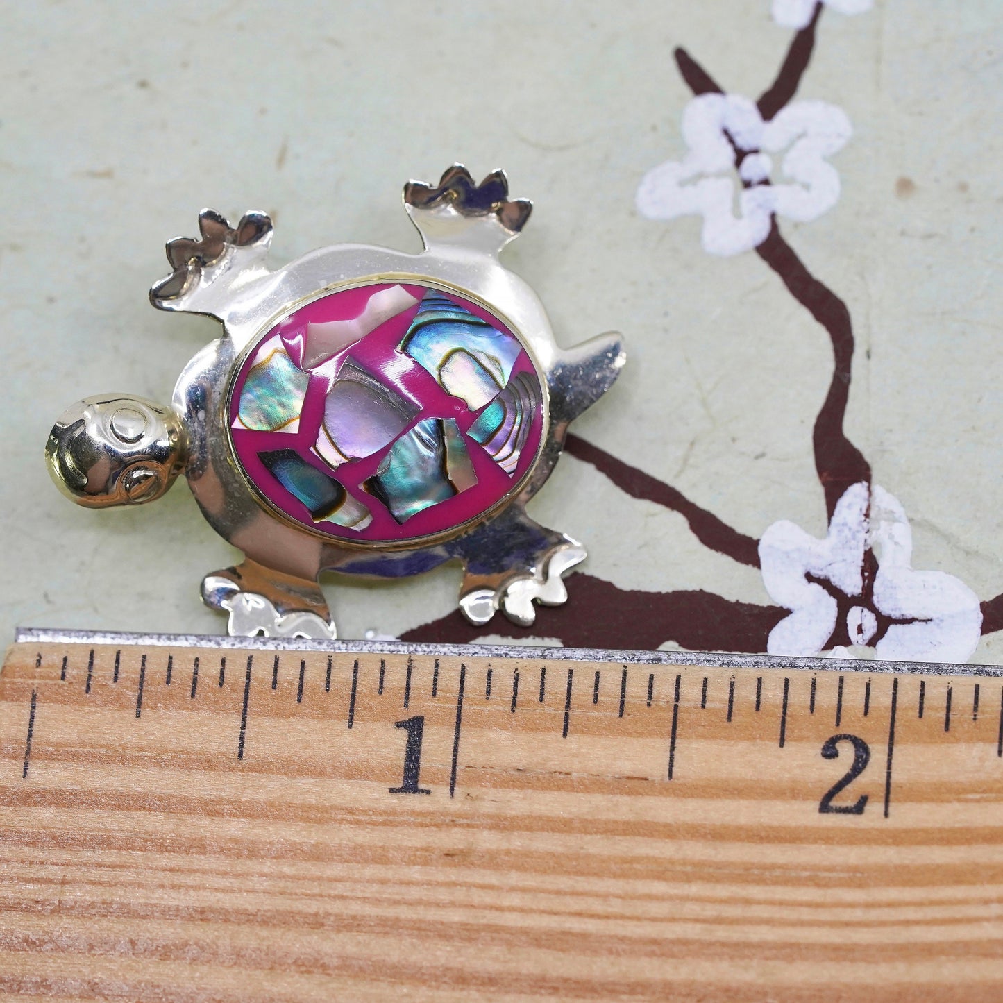 Vintage Mexican sterling 925 silver handmade pink turtle brooch abalone inlay