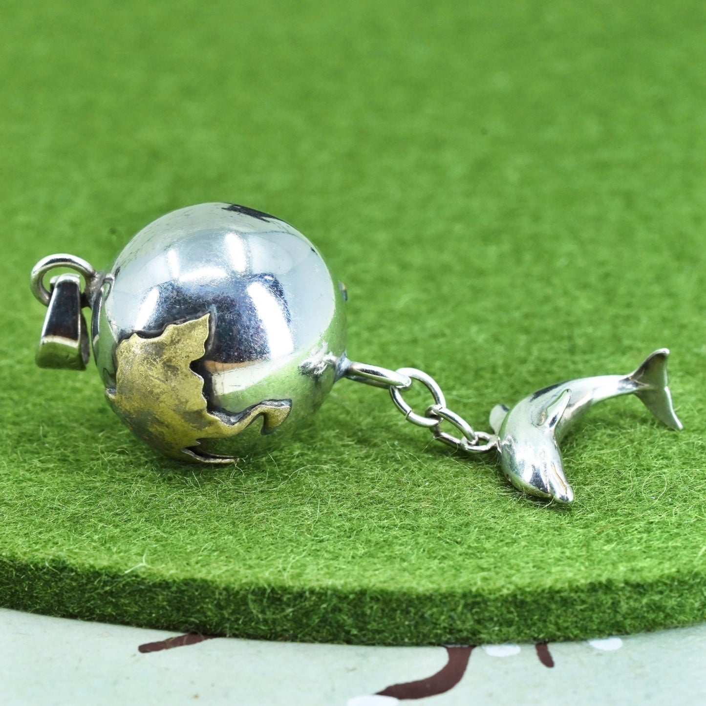 Sterling silver earth globe chime harmony ball, 925 bell with dolphin charm