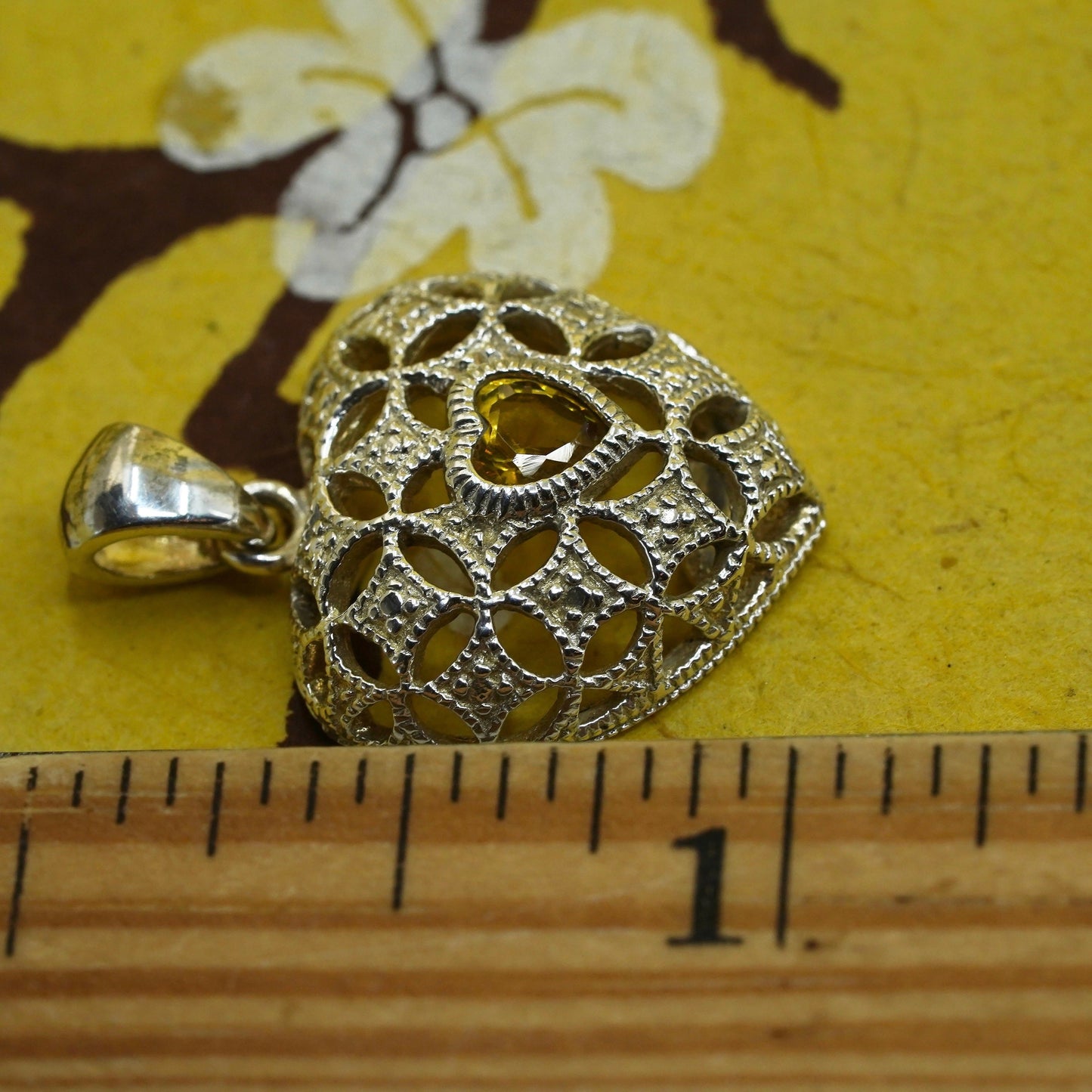 Vintage Sterling silver handmade pendant, 925 heart with citrine