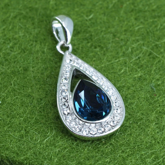 vintage Sterling silver 925 teardrop pendant with sapphire and crystal around