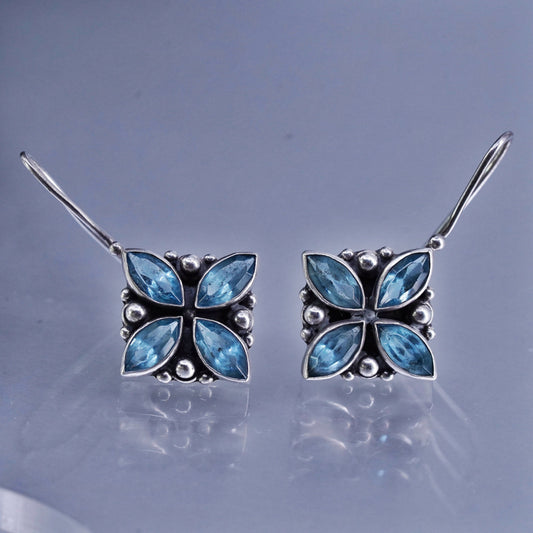 Vintage Sterling 925 silver beaded diamond shaped earrings with blue topaz