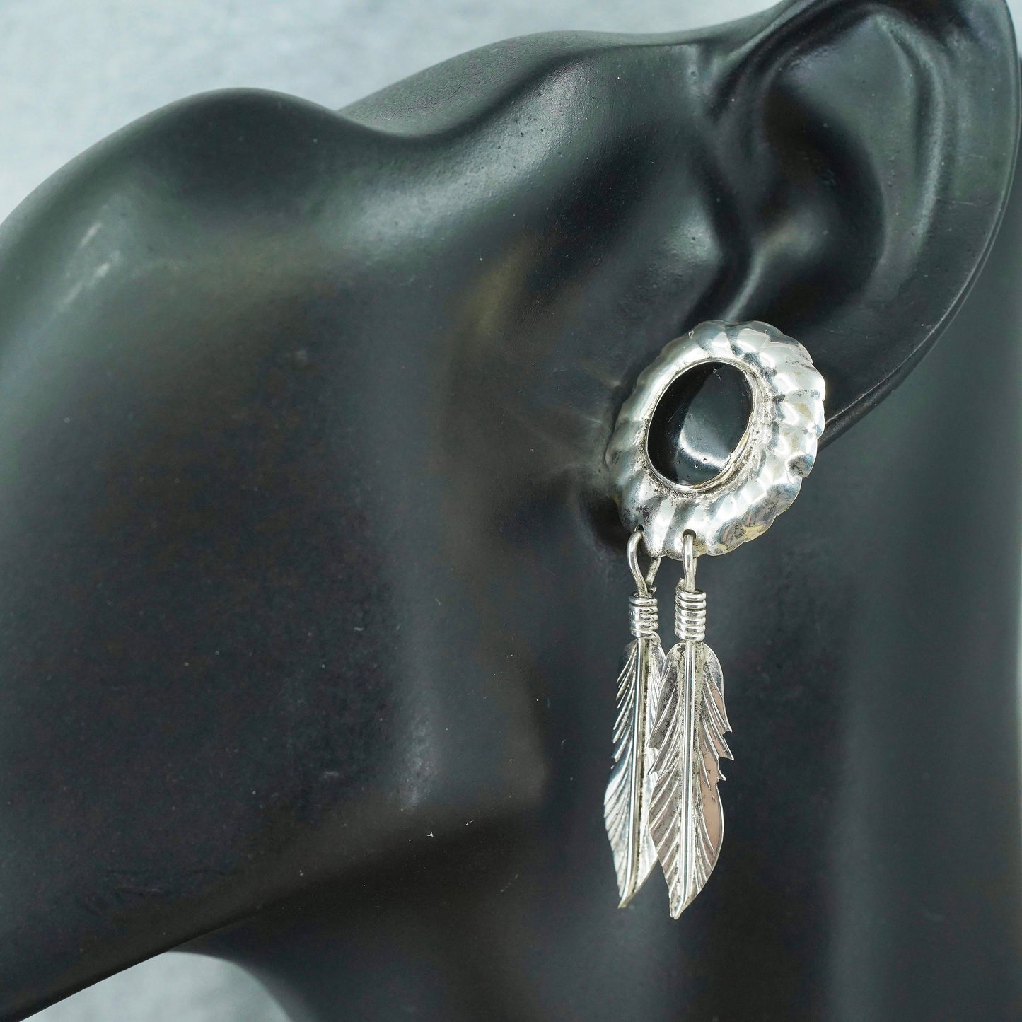 vintage Sterling silver earrings, 925 oval studs with onyx feather dangles