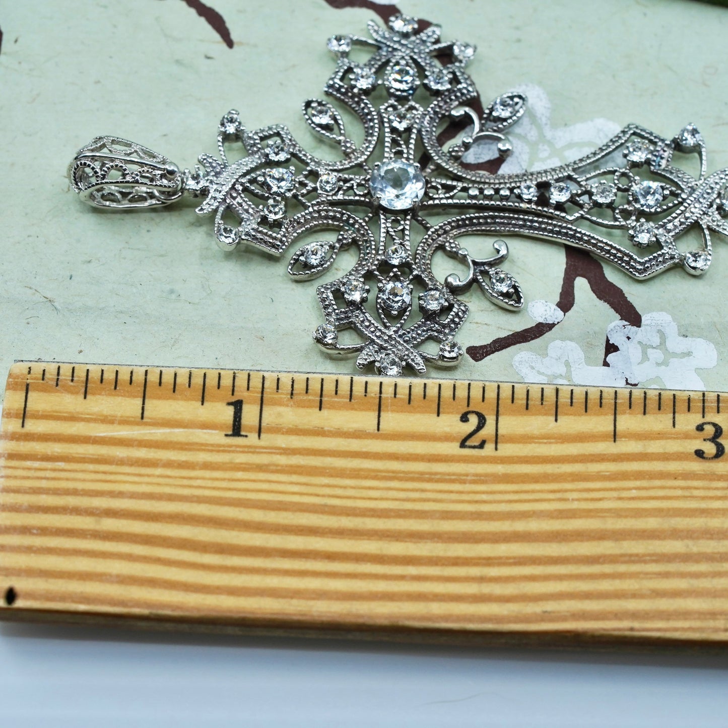 vtg sterling silver pendant, huge 925 filigree cross handmade pendant with Cz