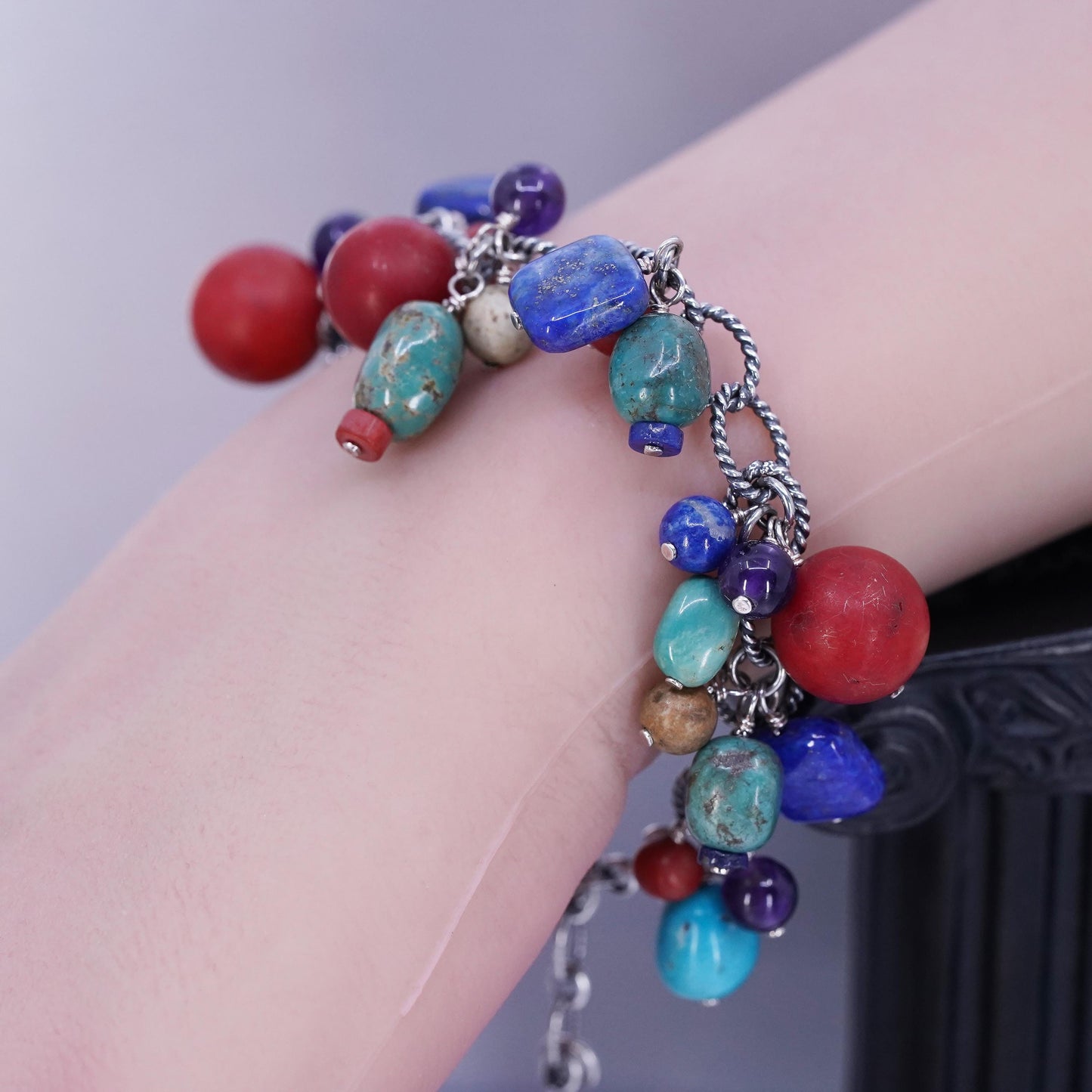 6.5+2”, Sterling 925 silver oval chain bracelet coral turquoise lapis beads