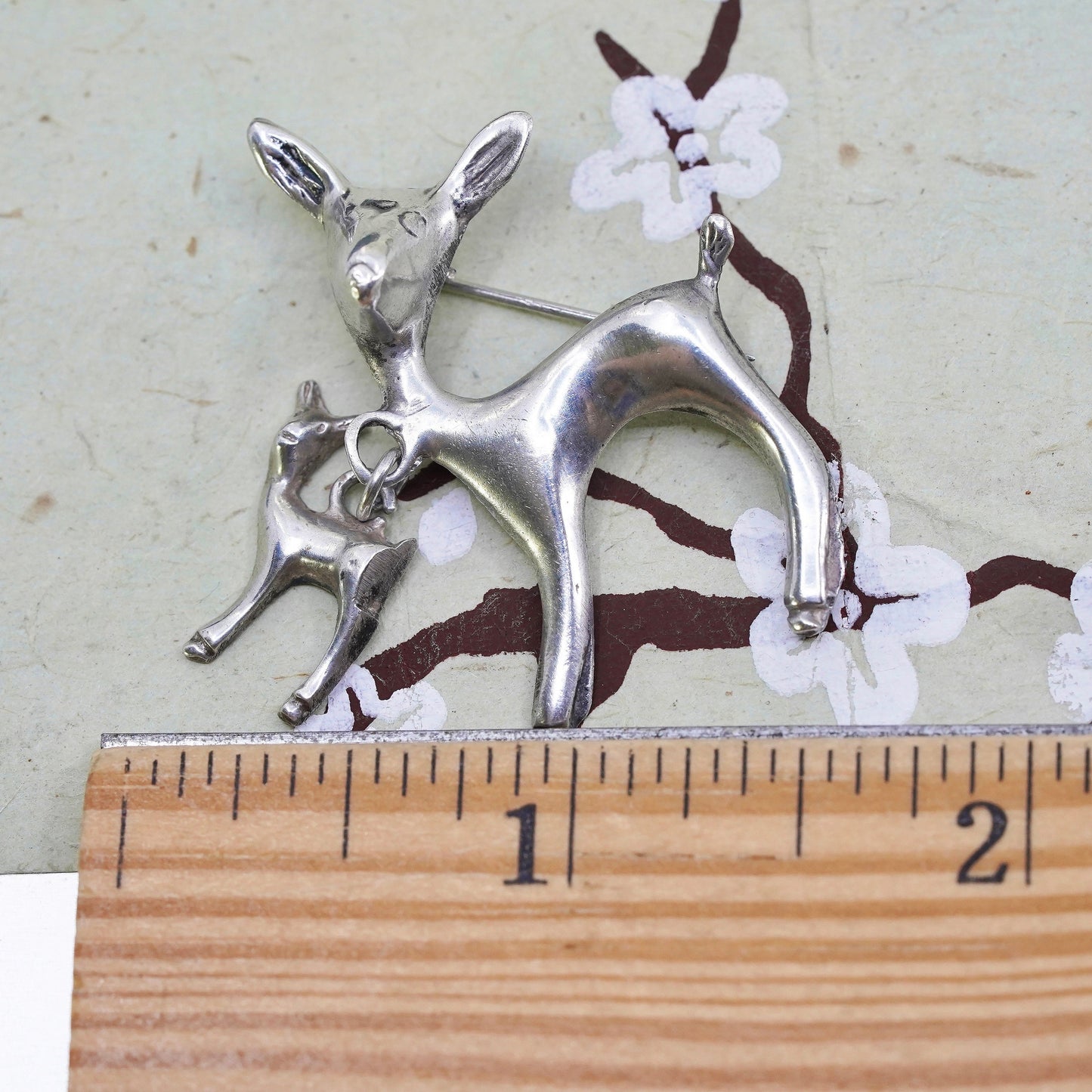 Vintage sterling silver handmade brooch, solid 925 silver deers, motherhood