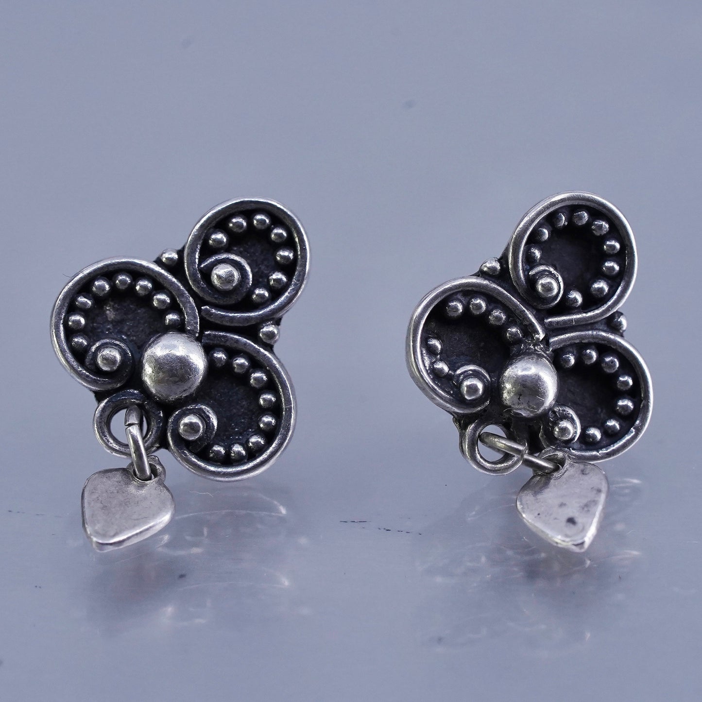 Vintage Sterling 925 silver handmade earrings, beaded studs with heart charm